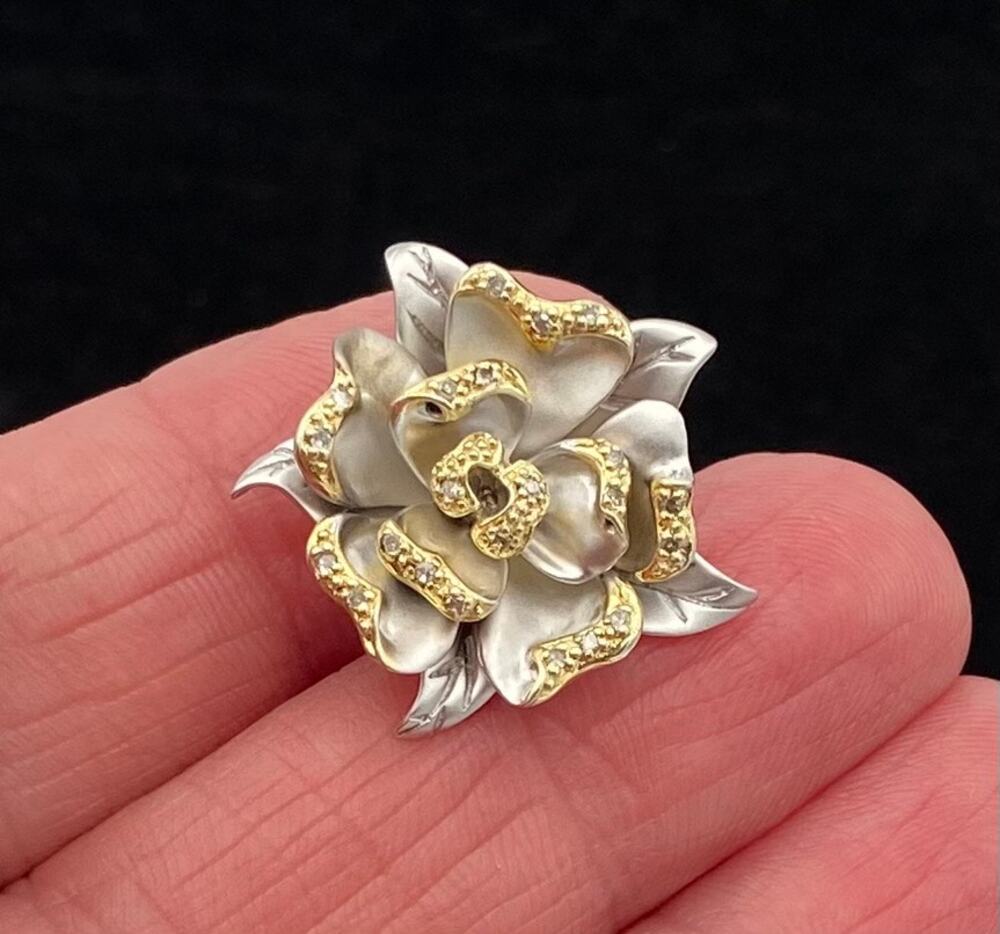 Vintage Sterling Silver Flower Pendant Two Tone Sparkling Stone Pave Accents 3D